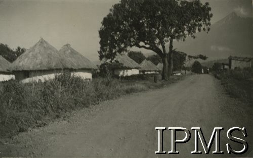 1943, Tengeru, Tanganika.
Ulica i domy jednorodzinne w osiedlu dla polskich uchodźców. W oddali po prawej widoczny wulkan Meru.
[Polscy uchodźcy w 1942 trafili do Iranu wraz z nowoutworzonym Wojskiem Polskim pod dowództwem generała Władysława Andersa (w dwóch rzutach ewakuacyjnych z ZSRR w marcu i sierpniu). W sumie oprócz wojska dotarło tam 38 tysięcy Polaków, z czego ponad połowę stanowiły dzieci i młodzież. Ok. 20 tys. znalazło się następnie w Afryce, polskie osiedla znajdowały się przede wszystkim w: Ugandzie, Kenii, Tanganice, Rodezji Północnej i Rodezji Południowej, Związku Południowej Afryki. Tengeru było największym polskim osiedlem uchodźczym w Afryce].
Fot. NN, Instytut Polski i Muzeum im. gen. Sikorskiego w Londynie [album 288 - gen. Andersowi uchodźstwo w Afryce Wsch. 19.07.1943, w albumie dedykacja: panu generałowi Władysławowi Andersowi w imieniu uchodźstwa w Afryce inż. K. Kazimierczak, delegat MPiOS Nairobi].
