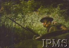 1942, Szkocja, Wielka Brytania.
Żołnierz 1 Samodzielnej Brygady Strzelców podczas ćwiczeń bojowych.
Fot. Czołówka Filmowa, Instytut Polski i Muzeum im. gen. Sikorskiego w Londynie [kolorowe diapozytywy].