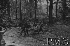 Wrzesień 1944, Arnhem (okolice), Holandia.
Walki powietrznodesantowych oddziałów alianckich z Niemcami w okolicy Arnhem. Żołnierze niosą na noszach rannego brytyjskiego spadochroniarza.
Fot. NN, Instytut Polski i Muzeum im. gen. Sikorskiego w Londynie [szuflada 25 - saperzy, komandosi, spadochroniarze]