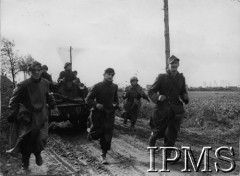 Jesień 1944, Hooge Zwaluwe (okolice), Holandia.
Jeńcy niemieccy prowadzeni przez polskich żołnierzy jadących w transporterze opancerzonym Bren Gun Carrier.
Fot. NN, Instytut Polski i Muzeum im. gen. Sikorskiego w Londynie [szuflada 44 - Belgia, Holandia]