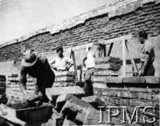 1944, Santa Rosa, Meksyk.
Budowa nowych pomieszczeń w osiedlu dla polskich uchodźców.
[Polscy uchodźcy w 1942 roku trafili do Iranu wraz z nowoutworzonym Wojskiem Polskim pod dowództwem generała Władysława Andersa (w dwóch rzutach ewakuacyjnych z ZSRR w marcu i sierpniu). W sumie oprócz wojska dotarło tam 38 tys. Polaków, z czego ponad połowę stanowiły dzieci i młodzież. W 1943 roku około 1500 uchodźców trafiło do kolonii Santa Rosa w pobliżu Leon w Meksyku].
Fot. NN, Instytut Polski i Muzeum im. gen. Sikorskiego w Londynie [szuflada 45 - Polacy na emigracji].
