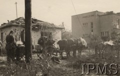 Wrzesień 1939, Polska.
Kampania wrześniowa, wkroczenie oddziałów niemieckich do Polski. Niemiecki żołnierz obok kuchni polowej stojącej na ulicy, w tle domy. Fotografia wykonana przez nieznanego żołnierza Wehrmachtu.
Fot. NN, Instytut Polski im. Gen. Sikorskiego w Londynie [teczka nr 140a]