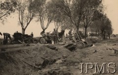 Wrzesień 1939, Polska.
Kampania wrześniowa, wkroczenie oddziałów niemieckich do Polski. Niemieccy żołnierze oglądają rozbitą kolumnę wojskową na drodze. Fotografia wykonana przez nieznanego żołnierza Wehrmachtu.
Fot. NN, Instytut Polski im. Gen. Sikorskiego w Londynie [teczka nr 140a]