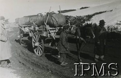 4.04.1943, Kurdystan, Iran.
Droga między Hamadan i Kermanshah, polski żołnierz przy wozie zaprzężonym w konia prowadzonego przez Kurdów.
Fot. NN, Instytut Polski i Muzeum im. gen. Sikorskiego w Londynie, przekazał płk dypl. W. Bąkiewicz [album 34 - AP na Wschodzie, 1 DP im. T. Kościuszki].