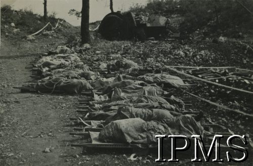 Maj 1944, rejon Cassino, Włochy.
Zwłoki żołnierzy poległych na polu bitwy.
Fot. NN, Instytut Polski i Muzeum im. gen. Sikorskiego w Londynie [album 76 - 2 Korpus Polski dla Rudnickiego].