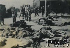 Maj 1945, Dachau, Niemcy.
Zwłoki więźniów na dziedzińcu obozu koncentracyjnego wkrótce po wyzwoleniu. W głębi żołnierze amerykańscy.
Fot. NN, Instytut Polski i Muzeum im. gen. Sikorskiego w Londynie [album 11 - 3 Batalion Strzelców Karpackich, sygn. A XI 32 6]. 
