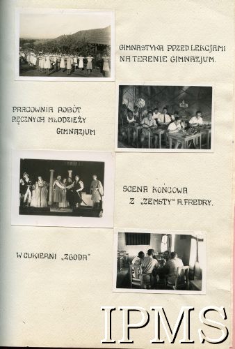 1945, Valivade-Kolhapur, Indie.
Osiedle dla polskich uchodźców. Gimnastyka przed lekcjami na terenie gimnazjum, uczniowie gimnazjum w pracowni robót ręcznych podczas zajęć, scena z 