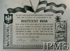 15.08.1947, Valivade-Kolhapur, Indie.
Osiedle dla polskich uchodźców. List gratulacyjny skierowany do władz indyjskich z okazji ogłoszenia niepodległości Indii.
Fot. NN, Kronika osiedla polskiego Valivade-Kolhapur, Indie, tom III, Instytut Polski i Muzeum im. gen. Sikorskiego w Londynie