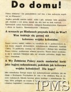 1944, Włochy.
Propagandowa ulotka niemiecka skierowana do polskich żołnierzy walczących we Włoszech nakłaniająca do dezercji i obiecująca rychły powrót do domu. Ulotka zredagowana przez SS-Standarte 