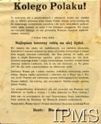 1944, Włochy.
Propagandowa ulotka niemiecka skierowana do polskich żołnierzy walczących we Włoszech nakłaniająca do dezercji i obiecująca rychły powrót do domu. Ulotka zredagowana przez SS-Standarte 