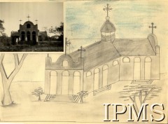 1943-1946, Masindi, Uganda.
Osiedle dla polskich uchodźców. Rysunek kościoła autorstwa uczennicy Stanisławy Niebieszczańskiej i jego zdjęcie.
Fot. NN, kolekcja: Osiedla polskie w Afryce, Instytut Polski i Muzeum im. gen. Sikorskiego w Londynie