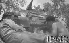 Maj 1944, Cassino, Włochy.
Bitwa pod Monte Cassino, czterej czołgiści grający w karty obok swojego czołgu.
Fot. T. Szumański, Instytut Polski im. Gen. Sikorskiego w Londynie [album negatywowy nr 105]

