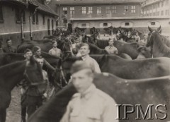 Przed 1939, Polska.
Koszary kawalerii, żołnierze i konie na wybiegu obok stajni.
Fot. NN, Instytut Polski im. Gen. Sikorskiego w Londynie [Album UŁANI]