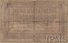 17.05.1919, Polska.
Jedna marka polska. Data emisji: 17 maja 1919. Awers: rysunek ornamentalny - druk w kolorze szarofioletowym. Rewers: rysunek ornamentalny z godłem w centrum - u góry z lewej i prawej dwie kobiece głowy - druk w kolorze fioletowym i szaroniebieskim.
Fot. NN, Instytut Polski im. Gen. Sikorskiego w Londynie [Kolekcja nr 187]