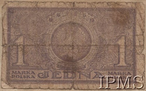 17.05.1919, Polska.
Jedna marka polska. Data emisji: 17 maja 1919. Awers: rysunek ornamentalny - druk w kolorze szarofioletowym. Rewers: rysunek ornamentalny z godłem w centrum - u góry z lewej i prawej dwie kobiece głowy - druk w kolorze fioletowym i szaroniebieskim.
Fot. NN, Instytut Polski im. Gen. Sikorskiego w Londynie [Kolekcja nr 187]
