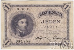 28.02.1919, Polska.
Jeden złoty. Data emisji: 28 lutego 1919. Awers: Tadeusz Kościuszko z lewej - druk w kolorze fioletowym, poddruk jasny róż. Rewers: godło z prawej - kolorystyka taka jak na awersie.
Fot. NN, Instytut Polski im. Gen. Sikorskiego w Londynie [Kolekcja nr 187]