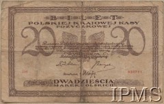 17.05.1919, Polska.
Dwadzieścia marek polskich. Data emisji: 17 maja 1919. Awers: kompozycja literniczo - graficzna druk w kolorze szarofioletowym. Rewers: Tadeusz Kościuszko (portret młodzienca w owalnej ozdobnej ramce z podpisem Tadeusz Kościuszko przedstawia w rzeczywistości napoleońskiego adiunkta, generała Józefa Kossakowskiego) - druk brązowy i zielony.
Fot. NN, Instytut Polski im. Gen. Sikorskiego w Londynie [Kolekcja nr 187]