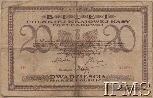 17.05.1919, Polska.
Dwadzieścia marek polskich. Data emisji: 17 maja 1919. Awers: kompozycja literniczo - graficzna druk w kolorze szarofioletowym. Rewers: Tadeusz Kościuszko (portret młodzienca w owalnej ozdobnej ramce z podpisem Tadeusz Kościuszko przedstawia w rzeczywistości napoleońskiego adiunkta, generała Józefa Kossakowskiego) - druk brązowy i zielony.
Fot. NN, Instytut Polski im. Gen. Sikorskiego w Londynie [Kolekcja nr 187]