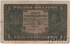 23.08.1919, Polska.
Pięć marek polskich. Data emisji: 23 sierpnia 1919. Awers: z prawej Tadeusz Kościuszko - druk w kolorze zielonym i brązowym. Rewers: rysunek ornamentalny - kolorystyka jak na awersie.
Fot. NN, Instytut Polski im. Gen. Sikorskiego w Londynie [Kolekcja nr 187]
