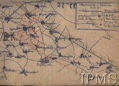 Kwiecień 1920, Ukraina.
Mapa operacyjna (schemat) działań  27 Pułku Piechoty - arkusz Machnówka - Skwira, skala 1:126 000.
Fot. NN, Instytut Polski im. Gen. Sikorskiego w Londynie [Kolekcja nr 187]
