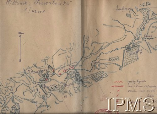1920, Ukraina.
Odręczny plan odcinka Priwałówka - Lubar, w skali 1:42 000. Teren działań operacyjnych 43 Pułku Strzelców Kresowych.
Fot. NN, Instytut Polski im. Gen. Sikorskiego w Londynie [Kolekcja nr 187]