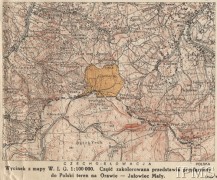 1939, Jałowiec Mały, Orawa, Polska.
Wycinek z mapy Wojskowego Instytutu Geograficznego 1:100 000. Część zakolorowana przedstawia przyłączony do Polski teren na Orawie - Jałowiec Mały.
Fot. NN, Instytut Polski i Muzeum im. gen. Sikorskiego w Londynie [zbiory kartograficzne] - szuflada 7, nr 1312