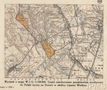 1939, Lipnica Wielka, Orawa, Polska.
Wycinek z mapy Wojskowego Instytutu Geograficznego 1:100 000. Części zakolorowane przedstawiają przyłączone do Polski tereny na Orawie w okolicy Lipnicy Wielkiej.
Fot. NN, Instytut Polski i Muzeum im. gen. Sikorskiego w Londynie [zbiory kartograficzne] - szuflada 7, nr 1312