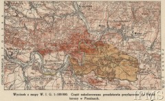 1939, Pieniny, Polska.
Wycinek z mapy Wojskowego Instytutu Geograficznego 1:100 000. Część zakolorowana przedstawia przyłączone do Polski tereny w Pieninach.
Fot. NN, Instytut Polski i Muzeum im. gen. Sikorskiego w Londynie [zbiory kartograficzne] - szuflada 7, nr 1312