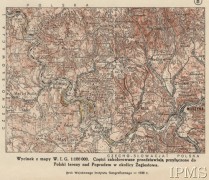 1939, Żegiestów, Polska.
Wycinek z mapy Wojskowego Instytutu Geograficznego 1:100 000. Część zakolorowana przedstawia teren przyłączony do Polski w okolicy Żegiestowa.
Fot. NN, Instytut Polski i Muzeum im. gen. Sikorskiego w Londynie [zbiory kartograficzne] - szuflada 7, nr 1312