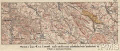 1939, Krynica - Tylicz, Polska.
Wycinek z mapy Wojskowego Instytutu Geograficznego 1:100 000. Część zakolorowana przedstawia teren przyłączony do Polski w okolicach Krynicy.
Fot. NN, Instytut Polski i Muzeum im. gen. Sikorskiego w Londynie [zbiory kartograficzne] - szuflada 7, nr 1312