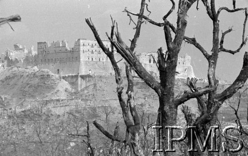 18.05.1944, Cassino, Włochy.
Ruiny opactwa poprzez okaleczone kikuty posiekanych pociskami drzew.
Fot. Felicjan Maliniak, Instytut Polski im. Gen. Sikorskiego w Londynie [album negatywowy L-I Monte Cassino] - płachta 42