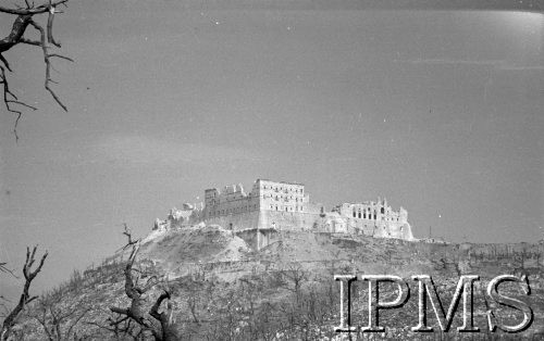 18.05.1944, Cassino, Włochy.
Ruiny opactwa poprzez okaleczone kikuty posiekanych pociskami drzew.
Fot. Felicjan Maliniak, Instytut Polski im. Gen. Sikorskiego w Londynie [album negatywowy L-I Monte Cassino] - płachta 42