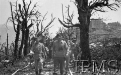 Maj 1944, Cassino, Włochy.
Generał Władysław Anders zwiedza pobojowisko w towarzystwie oficerów ze Sztabu. W głębi widać ruiny klasztoru na górze Monte Cassino. Generał i świta idą drogą oczyszczoną przez saperów 3 Dywizji Strzelców Karpackich. Droga jest oznaczona białą taśmą. 
Fot. Felicjan Maliniak, Instytut Polski im. Gen. Sikorskiego w Londynie [album negatywowy L-I Monte Cassino] - płachta 46