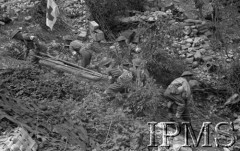 Maj 1944, Cassino, Włochy.
Sanitariusze z flagą Czerwonego Krzyża zbierający rannych z pola bitwy.
Fot. Felicjan Maliniak, Instytut Polski im. Gen. Sikorskiego w Londynie [album negatywowy L-I Monte Cassino] - płachta 49