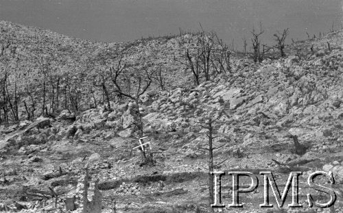 Maj 1944, Massa Albaneta, Włochy
Grób niemiecki ze swastyką w pobliżu Massa Albaneta.
Fot. por. Ostrowski, Instytut Polski im. Gen. Sikorskiego w Londynie [album negatywowy L-II Monte Cassino] - płachta 1