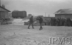 Listopad 1941, Kołtubanka, obł. Czkałowsk, ZSRR.
Obóz formującej się Armii Andersa, żołnierze noszą paki z mundurami nadesłanymi przez Anglików.
Fot. Czesław Zembal, Instytut Polski im. Gen. Sikorskiego w Londynie [album negatywowy A-I ROSJA] - płachta 3