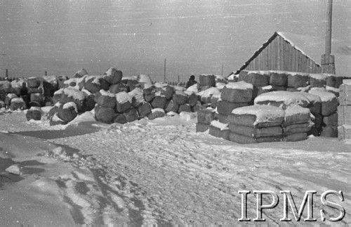 Grudzień 1941, Buzułuk, obł. Czkałowsk, ZSRR.
Paki z mundurami przysypane śniegiem na dworcu kolejowym. Na warcie żołnierze ze Szwadrownu Przybocznego (12 Pułk Ułanów) Dowództwa Armii Polskiej na Wschodzie.
Fot. Czesław Zembal, Instytut Polski im. Gen. Sikorskiego w Londynie [album negatywowy A-I ROSJA] - płachta 6