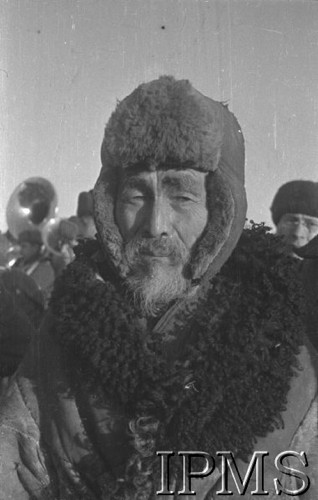 Styczeń 1942, Buzułuk, obł. Czkałowsk, ZSRR.
Portret Kirgiza, pożegnanie polskich oddziałów wyjeżdżających na południe Związku Radzieckiego.
Fot. inż. Wiktor Ostrowski, Instytut Polski im. Gen. Sikorskiego w Londynie [album negatywowy A-I ROSJA] - płachta 15