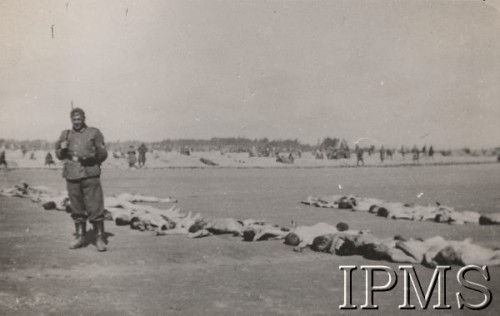 Wrzesień 1939, Polska.
Żołnierz Wehrmachtu stoi obok nagich zwłok leżących w szeregach na ziemi.
Fot. NN, Instytut Polski im. Gen. Sikorskiego w Londynie [szuflada nr 51 – Wrzesień 1939]