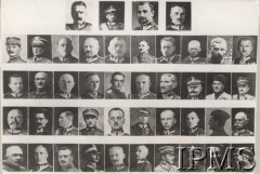 Lata 20., Polska.
Dowódcy wojsk polskich z okresu wojny polsko-bolszewickiej 1920: Naczelny Wódz Józef Piłsudski, gen. Józef Haller, gen. Tadeusz Rozwadowski, gen. Kazimierz Sosnkowski, gen. Weygand, gen. Latanik, płk Małachowski, gen. Lucjan Żeligowski, gen. Rządkowski, płk Jaźwiński, płk Burhardt-Bukacki, gen. Jung, gen. Roja, płk Zarzycki, płk Michał Rola-Żymierski, płk Dobrowolski, gen. Edward Rydz-Śmigły, płk Stefan Dąb-Biernacki, mjr Bystram, płk Leon Berbecki, gen. Zieliński, gen. Szubert, płk Bałachowicz, gen. Skierski, gen. Daniel Konarzewski, płk Skrzyński, płk Andrzej Galica, mjr Jaworski, gen. Władysław Sikorski, gen. Krajowski, płk Koc, płk Rymsza, płk Łuczyński, gen. Osiński, gen. Karnicki, płk Orlicz-Dreszer, gen. Iwaszkiewicz, płk Rómmel, gen. Linde, gen. Stanisław Haller, gen. Marian Żegota-Januszajtis, gen. Jędrzejewski, gen. Osikowski, ataman Semen Petlura.
Fot. NN, Instytut Polski im. Gen. Sikorskiego w Londynie [szuflada nr 5]