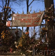 Przed 3.11.1984, Warszawa Żoliborz, Polska.
Porwanie i śmierć księdza Jerzego Popiełuszki. Zwiędłe kwiaty na ogrodzeniu kościoła św. Stanisława Kostki, wyżej wisi transparent: 