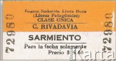 Bilet kolejowy na trasie Comodoro Rivadavia-Sarmiento.
Fot. NN, zbiory Museo Ferroportuario w Comodoro Rivadavia, reprodukcje cyfrowe w  Bibliotece Polskiej im. Ignacego Domeyki w Buenos Aires (Biblioteca Polaca Ignacio Domeyko) i w Ośrodku KARTA w Warszawie