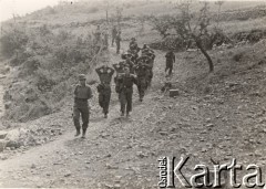 18.05.1944, Cassino, Włochy.
Bitwa pod Monte Cassino. Żołnierze niemieccy z klasztoru, jeńcy wojenni - idą drogą z rękami podniesionymi do góry.
Fot. Władysław Choma, zbiory Instytutu Józefa Piłsudskiego w Londynie (pieczątka: 3 Dywizja Strzelców Karpackich Referat Kultury i Prasy).
