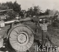 Maj 1944, Cassino, Włochy.
Bitwa pod Monte Cassino. Artylerzysta chłodzący mokrymi szmatami lufę rozgrzanego działa.
Fot. NN, zbiory Instytutu Józefa Piłsudskiego w Londynie
