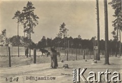 03.01.1918, fort Beniaminów koło Nieporętu.
Internowanie oficerów Legionów Polskich po tzw. kryzysie przysięgowym. Zima w obozie, na pierwszym planie wartownik w kożuchu.
Fot. NN, zbiory Instytutu Józefa Piłsudskiego w Londynie