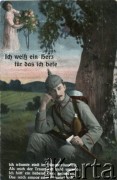 Ok. 1915, Niemcy.
Portret mężczyzny w mundurze armii pruskiej, z ekwipunkiem żołnierskim. W lewym górnym rogu kobieta w długiej sukni z bukietem kwiatów. Zdjęcie wykonane w atelier fotograficznym. Na kartce podpis i wiersz w języku niemieckim. Na odwrocie tekst w języku niemieckim. Karta wysłania 23 października 1915. 
Fot. NN, zbiory Ośrodka KARTA, kolekcja Ryszarda Łopatki