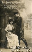 1919, Niemcy.
Portret kobiety w jasnej sukni i mężczyzny w mundurze armii niemieckiej. Na pocztówce napis w języku niemieckim. Zdjęcie wykonane w atelier fotograficznym. Na odwrocie tekst w języku niemieckim. Karta wysłana 27.04.1919.
Fot. NN, zbiory Ośrodka KARTA, kolekcja Ryszarda Łopatki