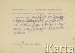 21.12.1927, Bielsko, Polska.
Kartka z życzeniami świątecznymi od płk. Tadeusza Malinowskiego.
Fot. NN, zbiory Ośrodka KARTA, przekazała Wiesława Grochola