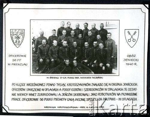 1940, Prenzlau, Niemcy.
Kronika Krotoszyńska. Oficerowie 56 Pułku Piechoty Wielkopolskiej umieszczeni w obozie jenieckiem, Oflagu II A w Prenzlau.
Fot. NN, zbiór Ośrodka KARTA, album przekazała Wiesława Grochola