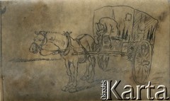 1915-1918, prawdopodobnie Ukraina.
Rysunek przedstawiający ambulans konny 6 Gospodarczego Czołowego Oddziału Sanitarnego (przemianowanego później na Korpusową Kolumnę Sanitarną) imperialnej armii rosyjskiej. Oddział przeszedł w 1917/1918 roku do II Korpusu Polskiego na Wschodzie.
Fot. NN, zbiory Ośrodka KARTA, przekazała Wanda Ustaszewska-Szamborska